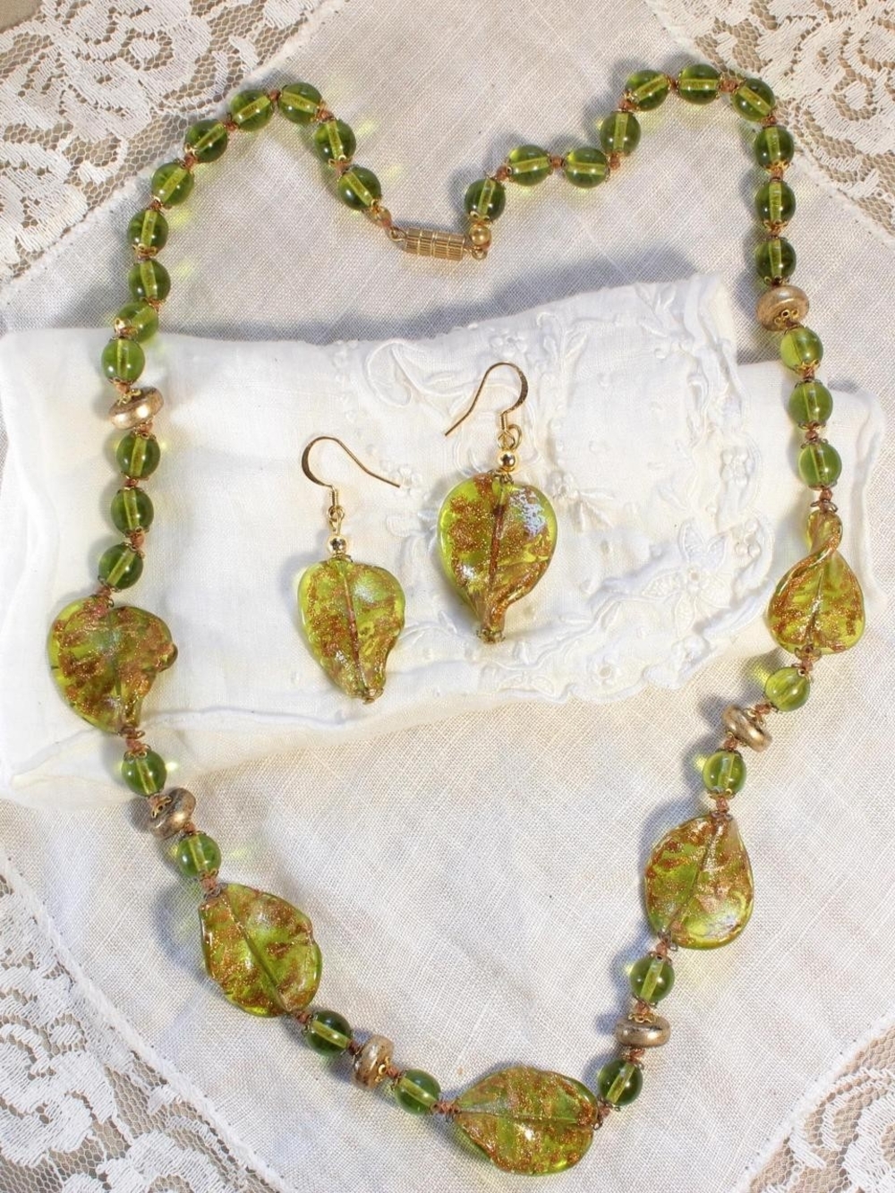 Green Glass Leaf Necklace and Earrings Set